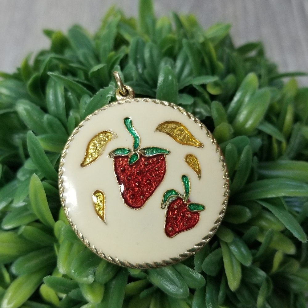 Vintage Enameled Strawberry pattern Pendant/Mirror
